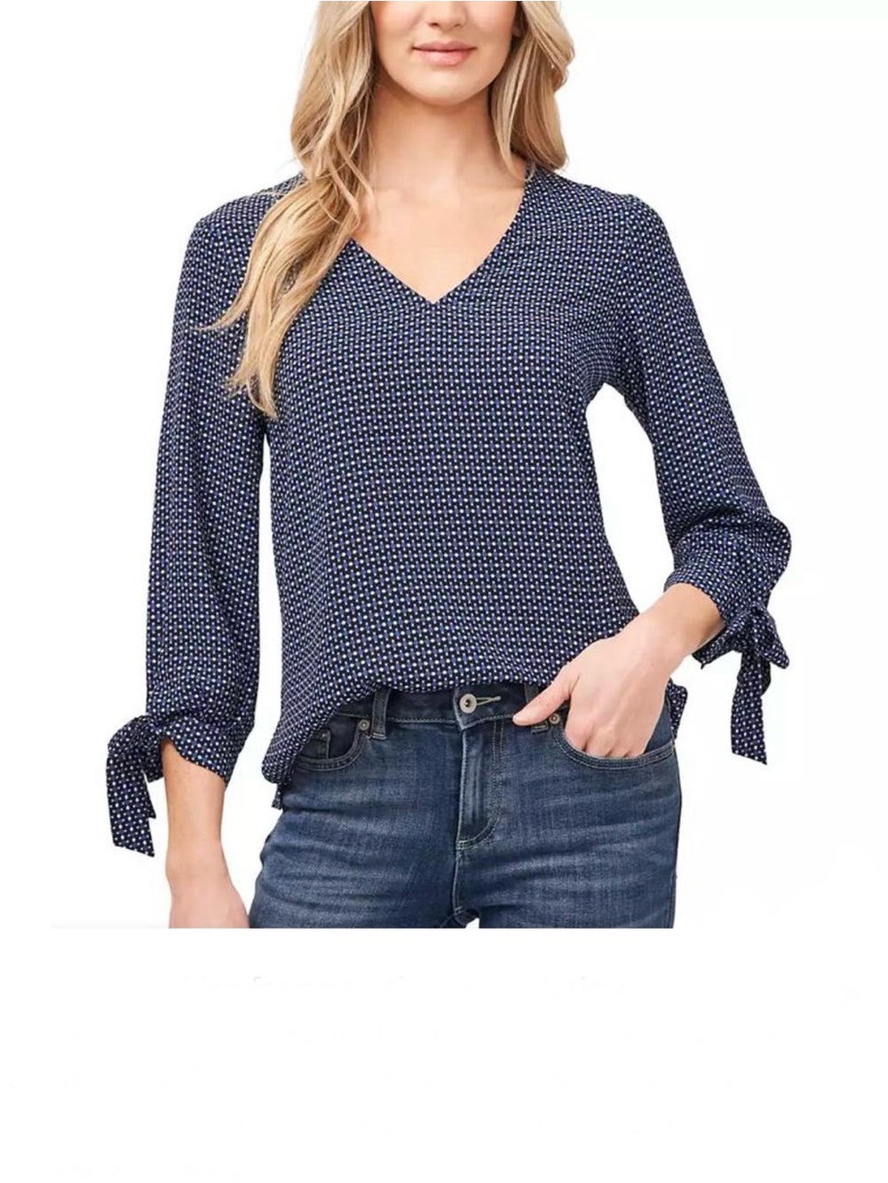 CeCe Navy Printed V-Neck Tie-Sleeve Blouse. Size M